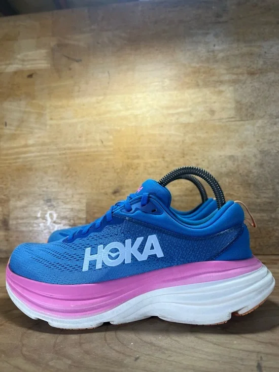Hoka One One Bondi 8 REFLECTIVE Womens Size 7.5 Running Shoes Sneakers Blue Pink - Picture 4 of 13